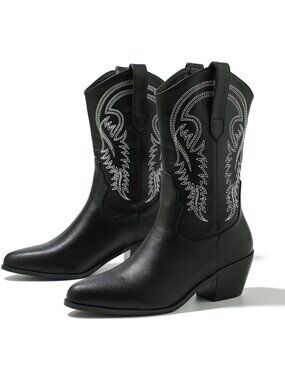 Women’s Black Embroidered Cowboy Boots Wide Calf Cowgirl Boots Stacked Heel